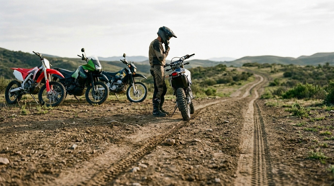 Beginner rider standing with an electric dirt bike on an off-road trail with several bikes parked nearby in a mountainous landscape