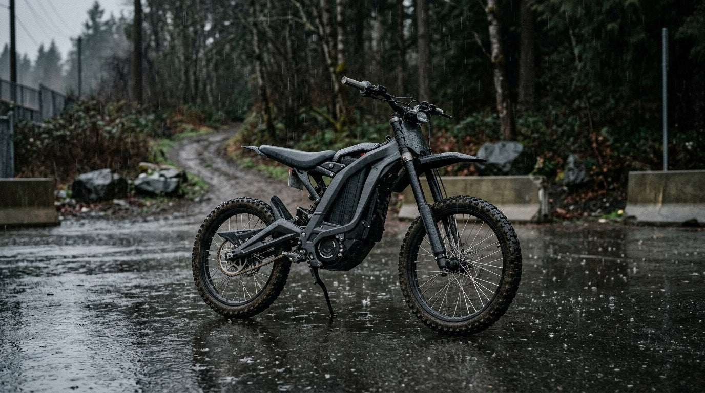 Electric dirt bike parked on a wet road in the rain surrounded by a forest trail