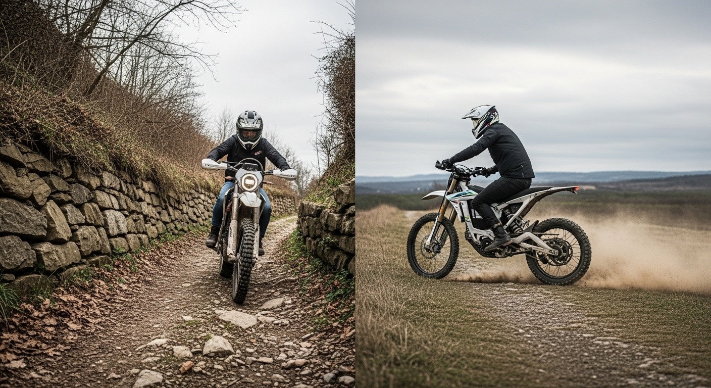 Electric dirt bikes riding on rocky trail and open terrain showing off-road performance and versatility