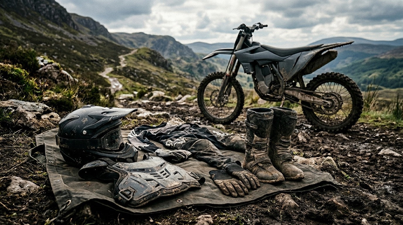 Electric dirt bike safety gear including helmet, boots, gloves, and body armour laid out next to an off-road e-moto on a mountain trail