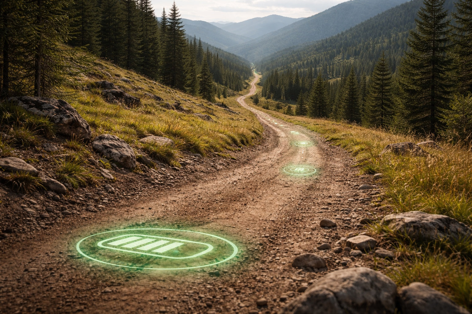 Electric dirt bike range concept showing off-road trail with battery indicators highlighting distance and energy efficiency