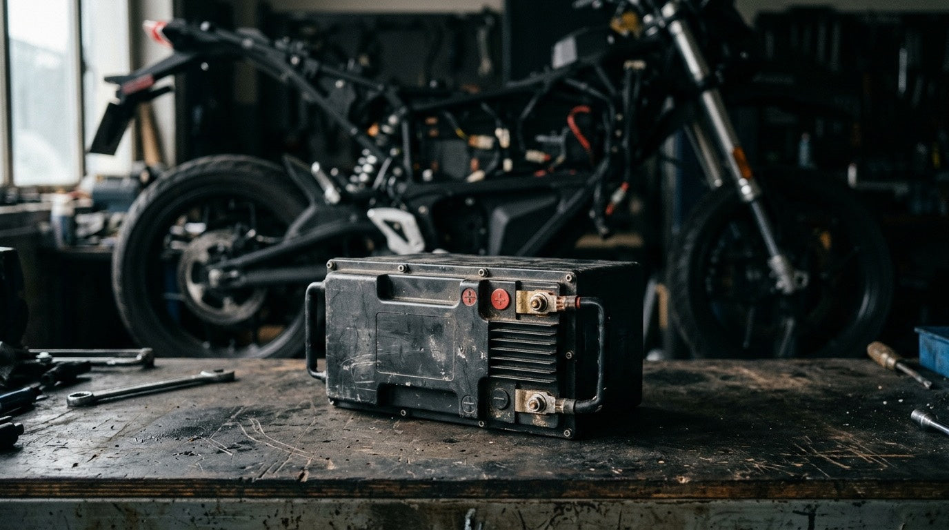 Electric dirt bike battery on workshop table with exposed e-moto frame in background showing maintenance and battery care concept
