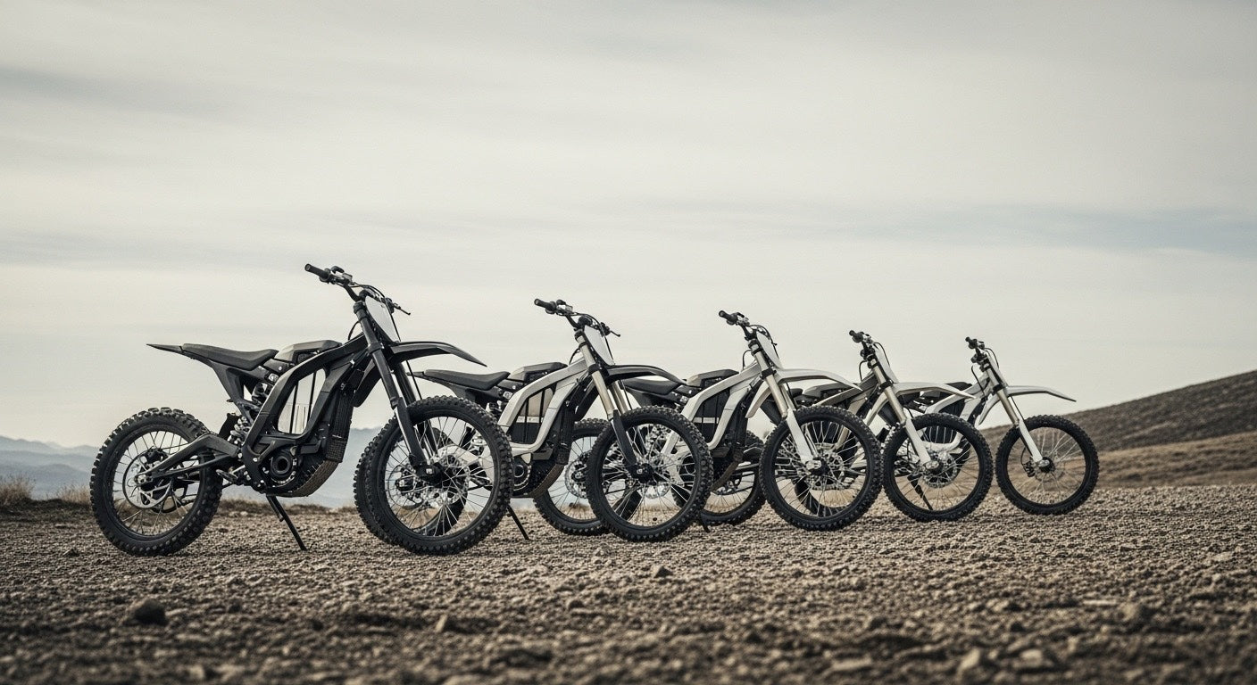 Lineup of high-performance electric dirt bikes for adults positioned on open terrain, showcasing different models designed for power, durability, and real-world riding use