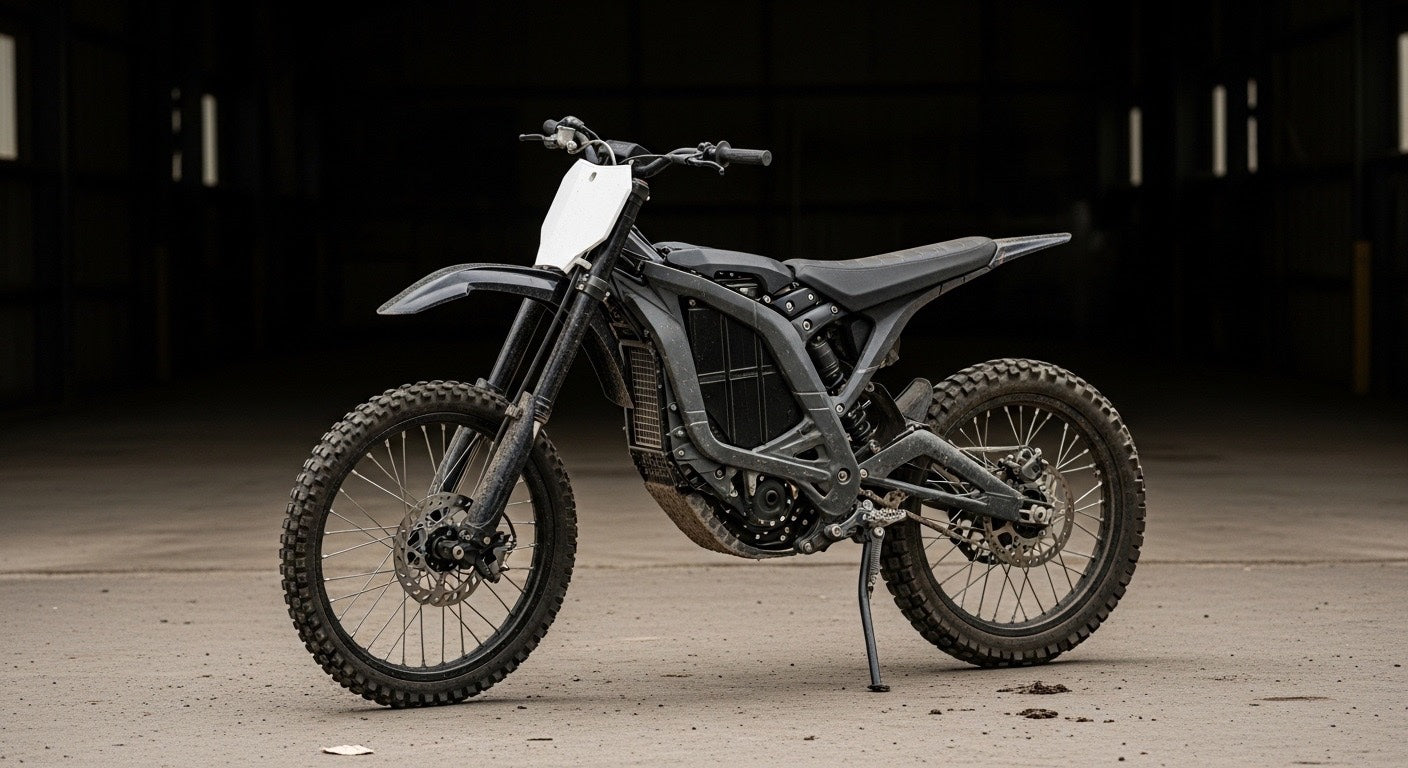 Electric dirt bike in a workshop setting with exposed battery pack, highlighting maintenance, durability, and component lifespan of e-motos