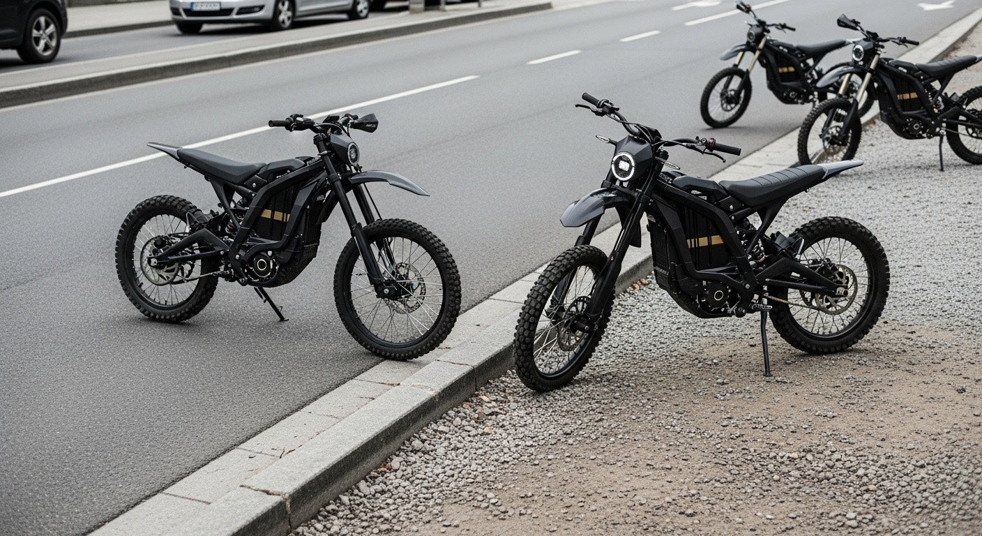 Street-legal electric dirt bikes parked near a city road, showcasing L1e e-moto models designed for urban commuting and everyday riding