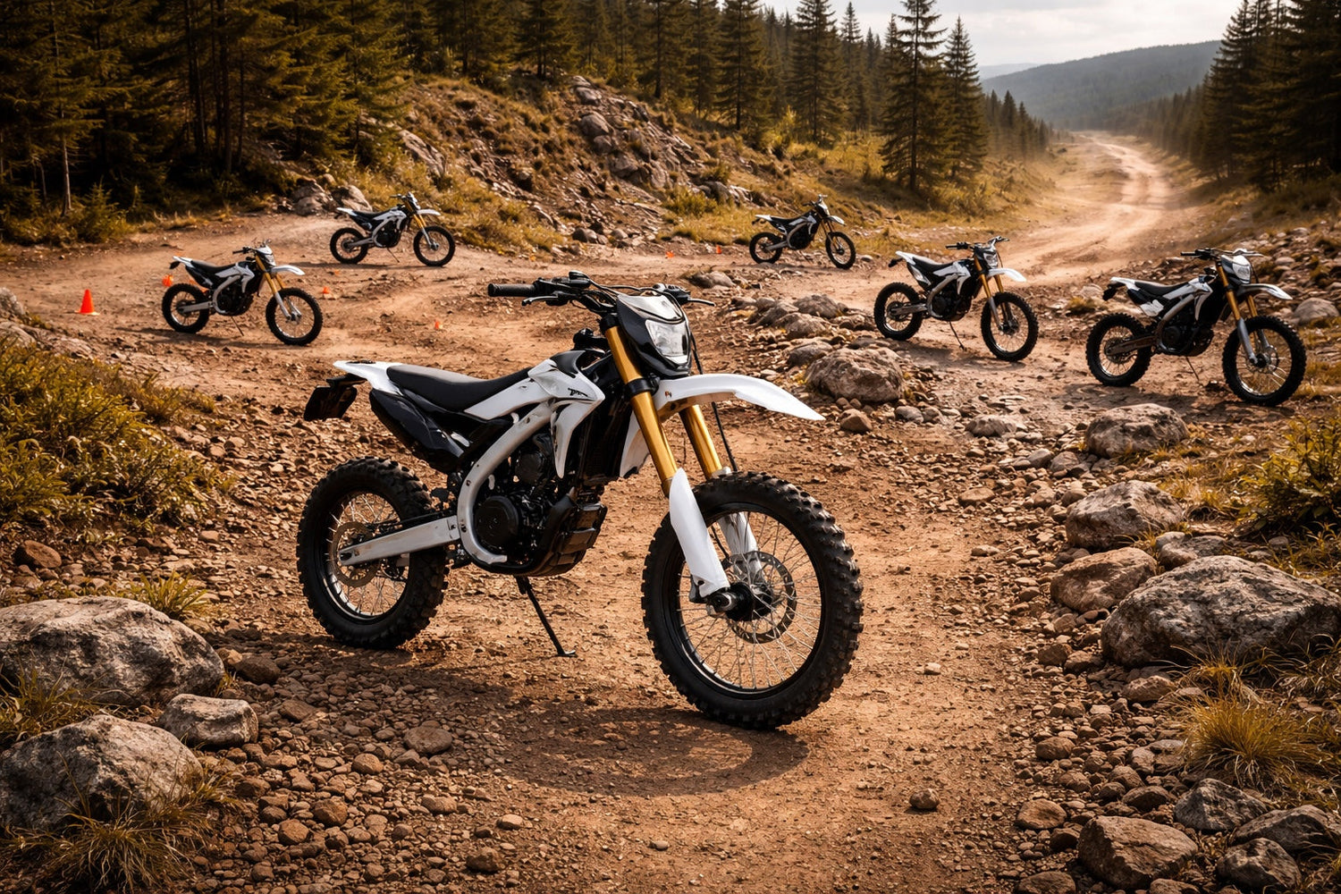 Electric dirt bikes positioned on a rocky off-road trail in a forest, showcasing multiple models designed for trail riding and off-road performance