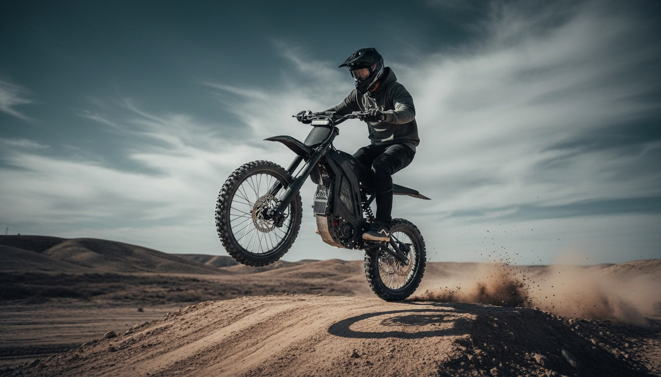 rider performing a jump on an electric dirt bike in off-road terrain, demonstrating control and performance of lightweight e-moto bikes