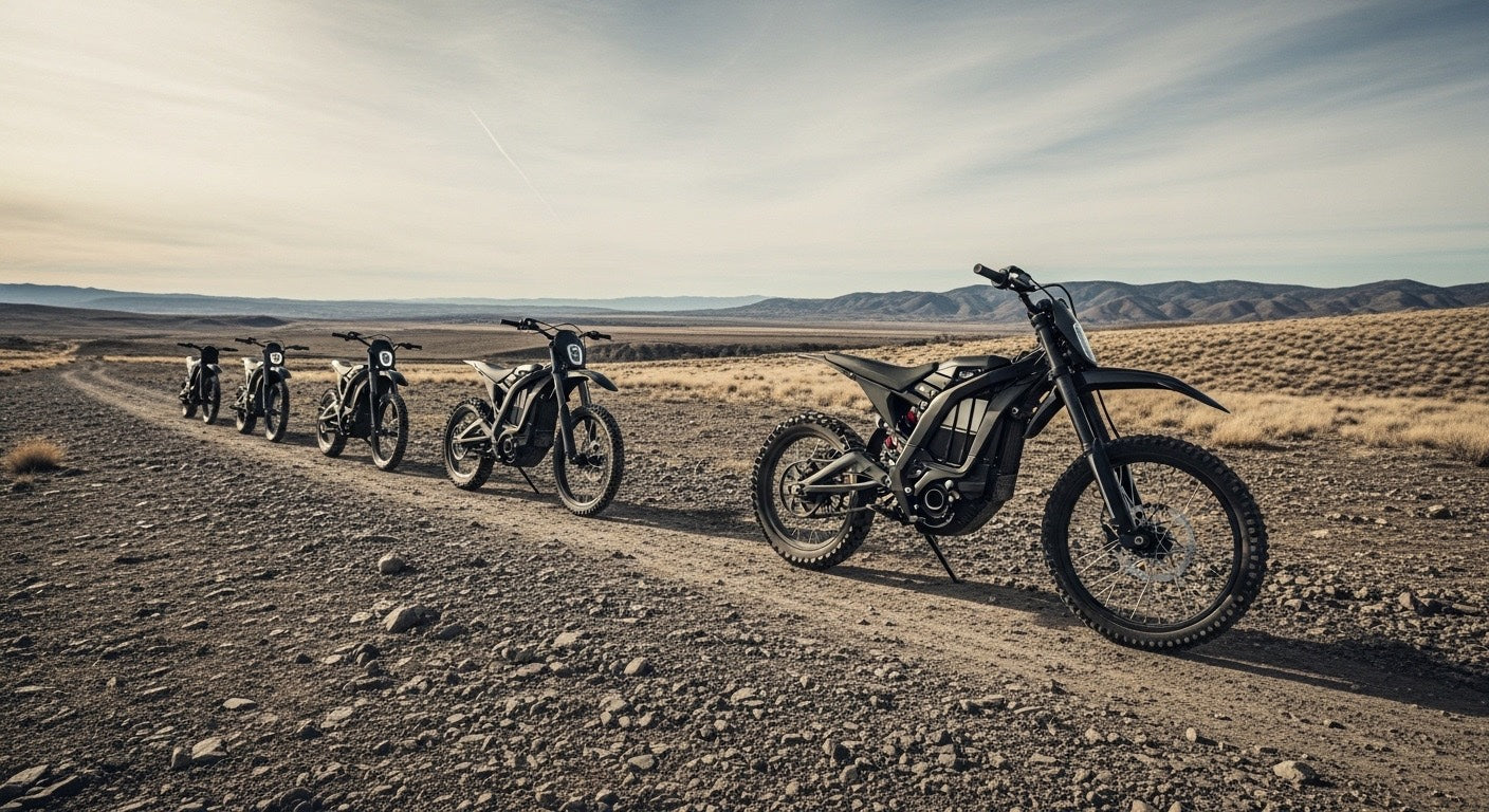 electric dirt bikes lineup on off-road terrain showcasing different models for comparing performance and value