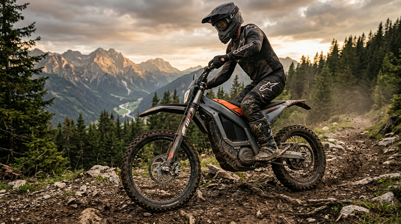 Rider on an electric dirt bike tackling a rocky mountain trail during enduro and freeride off-road riding, with alpine forest and dramatic peaks in the background.