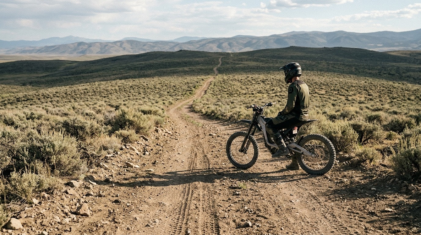 Rider on an electric dirt bike stopping on a long off-road trail in open terrain, illustrating real-world range riding conditions for long-distance e-moto use