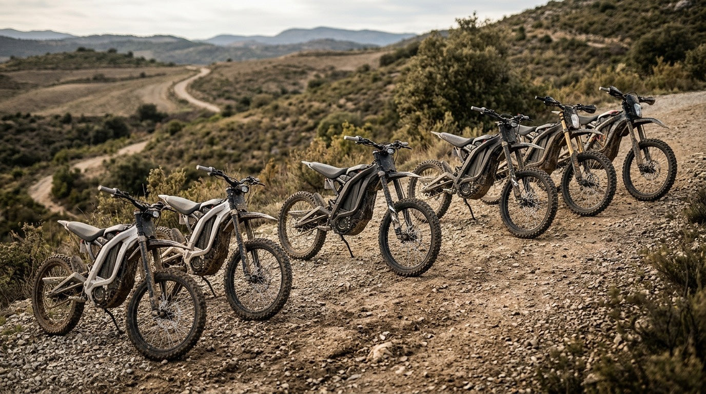 Lineup of electric dirt bikes parked on an off-road trail, representing mid-range e-moto models between €5,000 and €7,000 for performance comparison