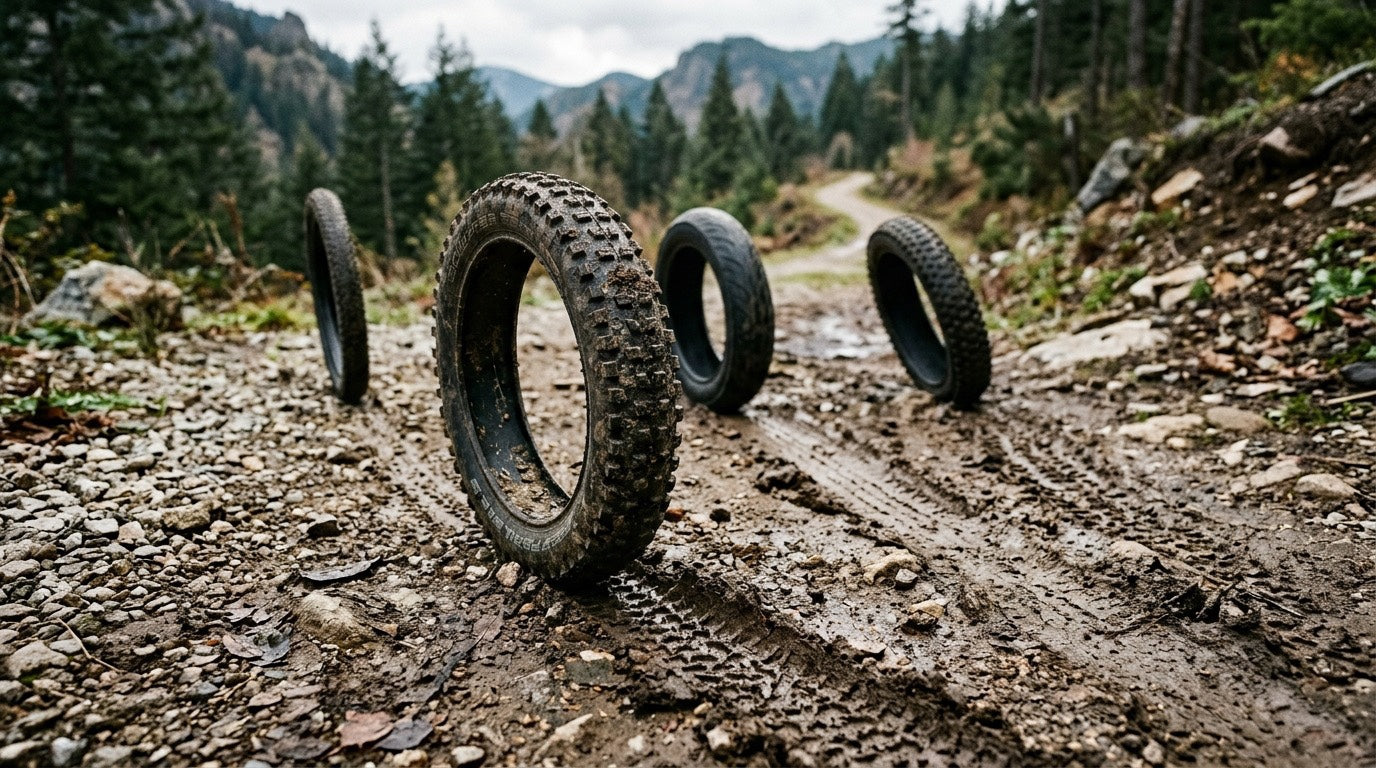 different types of e-bike tires on a muddy forest trail showing tread patterns for off-road riding conditions